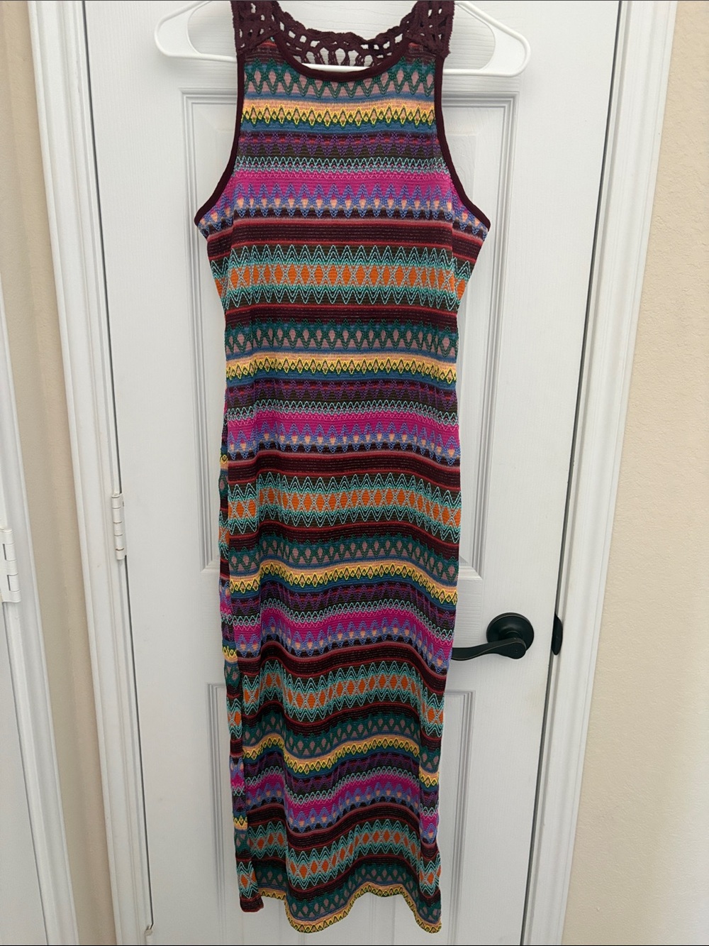 Sleeveless Multicolor Striped Crochet-Yoke Maxi Dress in Burgundy